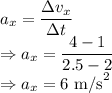 a_x=\dfrac{\Delta v_x}{\Delta t}\\\Rightarrow a_x=\dfrac{4-1}{2.5-2}\\\Rightarrow a_x=6\ \text{m/s}^2
