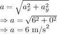 a=\sqrt{a_x^2+a_y^2}\\\Rightarrow a=\sqrt{6^2+0^2}\\\Rightarrow a=6\ \text{m/s}^2