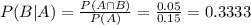 P(B|A) = \frac{P(A \cap B)}{P(A)} = \frac{0.05}{0.15} = 0.3333