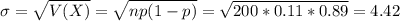 \sigma = \sqrt{V(X)} = \sqrt{np(1-p)} = \sqrt{200*0.11*0.89} = 4.42