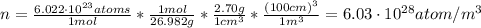 n = \frac{6.022\cdot 10^{23} atoms}{1 mol}*\frac{1 mol}{26.982 g}*\frac{2.70 g}{1 cm^{3}}*\frac{(100 cm)^{3}}{1 m^{3}} = 6.03 \cdot 10^{28} atom/m^{3}