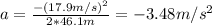 a = \frac{-(17.9 m/s)^{2}}{2*46.1 m} = -3.48 m/s^{2}