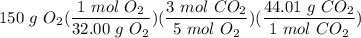 \displaystyle 150 \ g \ O_2(\frac{1 \ mol \ O_2}{32.00 \ g \ O_2})(\frac{3 \ mol \ CO_2}{5 \ mol \ O_2})(\frac{44.01 \ g \ CO_2}{1 \ mol \ CO_2})