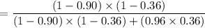 $=\frac{(1-0.90) \times (1-0.36)}{(1-0.90) \times (1-0.36)+(0.96 \times 0.36)}$
