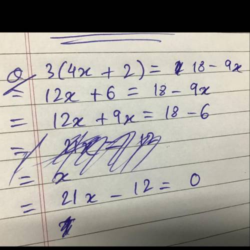 How many solutions dose 3(4x + 2)=20 - 9x + 2 have