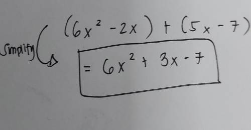Add (6x^2-2x) + (5x-7)