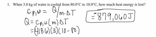 When 500 g of water is cooled from 80.0°C to 10.0°C, how much heat energy is lost?