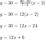 y-30=\frac{90-30}{7-2}(x-2)\\\\y-30=12(x-2)\\\\y-30=12x-24\\\\y=12x+6