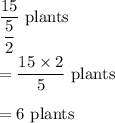 \dfrac{15}{\dfrac{5}{2}}\ \text{plants}\\\\=\dfrac{15\times 2}{5}\ \text{plants}\\\\=6\ \text{plants}