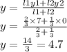 y =  \frac{l1y1 + l2y2}{l1 + l2}  \\ y =   \frac{ \frac{2}{3} \times 7 +  \frac{1}{3} \times 0  }{ \frac{2}{3} +  \frac{1}{3}  }   \\ y =  \frac{14}{3}  = 4.7