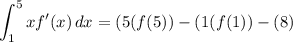 \displaystyle \int_1^5xf'(x)\, dx=(5(f(5))-(1(f(1))-(8)
