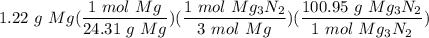 \displaystyle 1.22 \ g \ Mg(\frac{1 \ mol \ Mg}{24.31 \ g \ Mg})(\frac{1 \ mol \ Mg_3N_2}{3 \ mol \ Mg})(\frac{100.95 \ g \ Mg_3N_2}{1 \ mol\ Mg_3N_2})