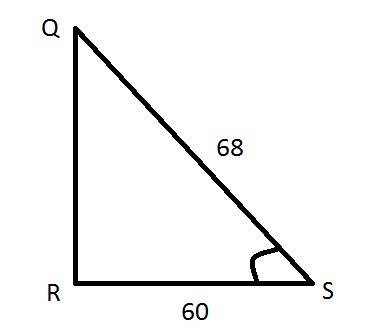 What is the trigonometric ratio for sin s  triangle q r s with right angle r. q s equals 68. r s equ