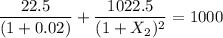 \dfrac{22.5}{(1+0.02)}+ \dfrac{1022.5}{(1+X_2)^2}=1000