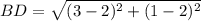 BD = \sqrt{(3-2)^{2}+(1-2)^{2}}