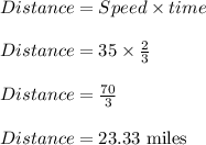 Distance=Speed\times time\\\\Distance=35\times \frac{2}{3}\\\\Distance=\frac{70}{3}\\\\Distance=23.33\text{ miles}