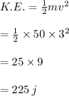 K. E.  =  \frac{1}{2} m {v}^{2}  \\  \\  =  \frac{1}{2} \times  50 \times  {3}^{2}  \\  \\  =  25 \times 9 \\  \\  = 225 \: j