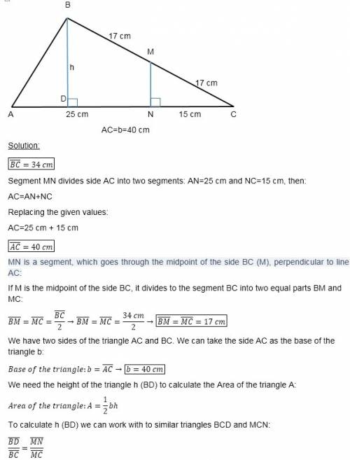 In △abc, bc=34 cm. mn is a segment, which goes through the midpoint of the side bc , perpendicular t