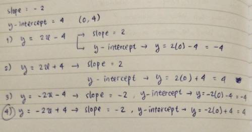 Which of the following has a slope of negative 2 and a y-intercept of 4?   1 y equals 2 x minus 4 2 