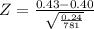 Z = \frac{0.43-0.40}{\sqrt{\frac{0.24}{781}}}