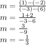 m  = \frac{(1)-(-2)}{(-3)-(6)} \\m = \frac{1+2}{-3-6} \\m = \frac{3}{-9} \\m = -\frac{1}{3 }