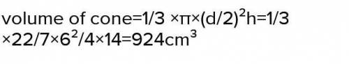 A cylinder

has a diameter of 6 cm and a height of 14 cm. What is the approximate volume of a cone w