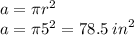 a = \pi {r}^{2} \\ a = \pi {5}^{2}  = 78.5 \:  {in}^{2}