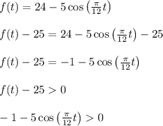 f(t) = 24 - 5\cos\left(\frac{\pi}{12}t\right)\\\\   f(t)-25 = 24 - 5\cos\left(\frac{\pi}{12}t\right)-25\\\\   f(t)-25 = -1 - 5\cos\left(\frac{\pi}{12}t\right)\\\\   f(t)-25  0\\\\ -1 - 5\cos\left(\frac{\pi}{12}t\right)  0\\\\