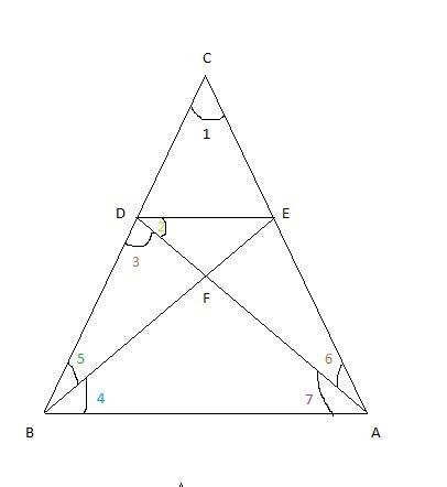 In δabc, ad and be are the angle bisectors of ∠a and ∠b and de║ ab. find the measures of the angles 