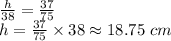 \frac{h}{38} =\frac{37}{75} \\h=\frac{37}{75}  \times 38 \approx 18.75 ~cm