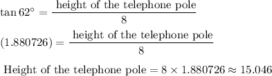 \tan 62^{\circ}=\dfrac{\text{ height of the telephone pole}}{8}\\\\(1.880726)=\dfrac{\text{ height of the telephone pole}}{8}\\\\\text{ Height of the telephone pole} = 8\times 1.880726\approx15.046