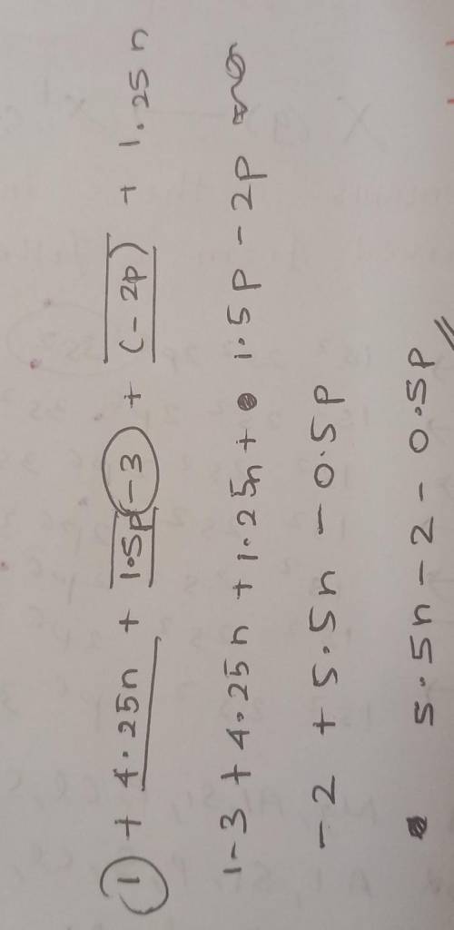 Simplify the expression 1 + 4.25n + 3/2p -3 + (-2p) + 5/4n