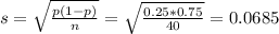 s = \sqrt{\frac{p(1-p)}{n}} = \sqrt{\frac{0.25*0.75}{40}} = 0.0685