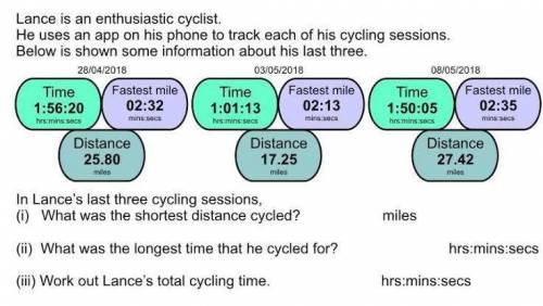 Lance is an enthusiastic cyclist.

He uses an app on his phone to track each of his cycling sessions