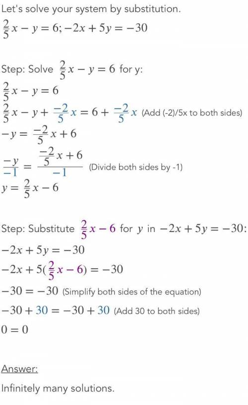 What is the solution to the system of linear equations below? 2/5x−y=6 −2x+5y=−30 Select one: A. (-1
