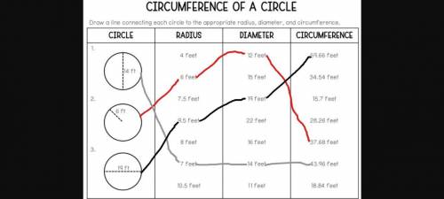 Draw a line connecting each circle to the appropriate radius, diameter, and circumcerences.