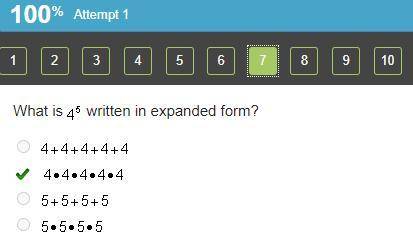 What is 4 superscript 5 written in expanded form?

4 + 4 + 4 + 4 + 4
4 times 4 times 4 times 4 times