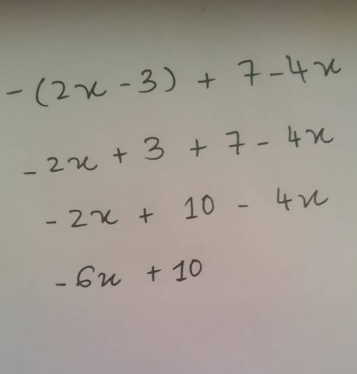 Simplify -(2x-3)+7-4x