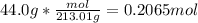 44.0g*\frac{mol}{213.01g} = 0.2065mol