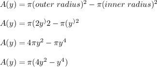 A (y) = \pi (outer \ radius)^2 - \pi ( inner \ radius )^2 \\ \\ A(y) = \pi (2y^)2- \pi (y^)^2 \\ \\  A(y) = 4 \pi y^2 - \pi y^4 \\ \\  A(y) = \pi( 4 y^2 -y^4)