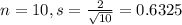 n = 10, s = \frac{2}{\sqrt{10}} = 0.6325