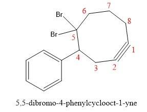 Draw the structure that corresponds with the name:  5,5-dibromo-4-phenylcyclooct-1-yne