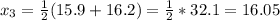 x_3 = \frac{1}{2}(15.9 + 16.2) =\frac{1}{2} * 32.1 = 16.05