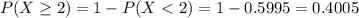 P(X \geq 2) = 1 - P(X < 2) = 1 - 0.5995 = 0.4005