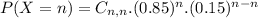 P(X = n) = C_{n,n}.(0.85)^{n}.(0.15)^{n-n}