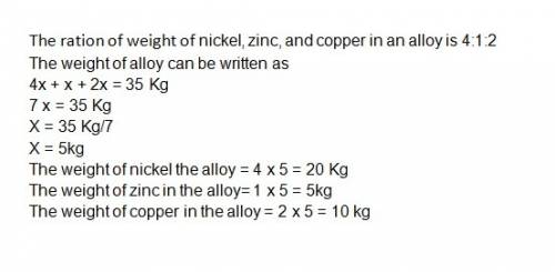 An alloy composed of nickel, zinc, and copper in a 4: 1: 2 ratio. how many kilograms of each metal a