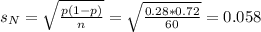 s_{N} = \sqrt{\frac{p(1-p)}{n}} = \sqrt{\frac{0.28*0.72}{60}} = 0.058
