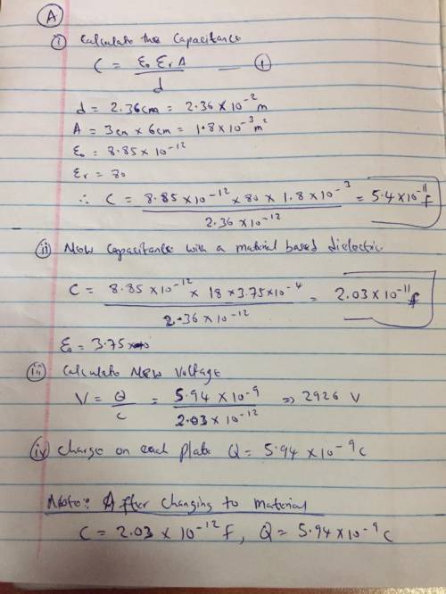 1. A capacitor is made of 2 rectangular metal plates with side length of 3cmx6cm separated by a dist