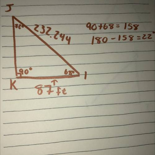 In ΔIJK, the measure of ∠K=90°, the measure of ∠I=68°, and KI = 87 feet. Find the length of IJ to th