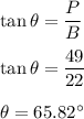 \tan\theta=\dfrac{P}{B}\\\\\tan\theta=\dfrac{49}{22}\\\\\theta=65.82^{\circ}